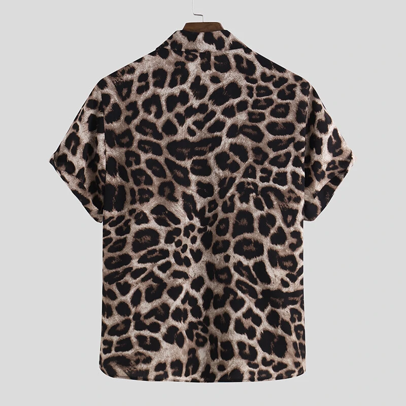 (image for) OUTDOOR Summer Leopard Print Shirts Fashion Men Short Sleeve Lapel Shirt Casual Floral Blouse Men Hawaiian Beach Tops